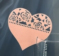 Laser cut heart place card with rose floral design on elegant blue velvet background - Pink