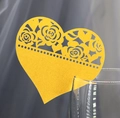Golden glitter heart place card with hollow rose laser cut design on glass rim - Gold