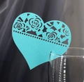 Laser-cut heart-shaped paper place card in teal with rose patterns for wine glasses - Tiffany Blue