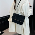 Minimalist black suede crossbody fold-over bag with prominent golden zipper detail - Black