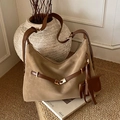 Retro khaki leather tote bag with brown straps and horse charm in a minimalist style - Khaki