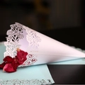 Elegant white laser-cut paper confetti cone with rose patterns for wedding petal toss - White