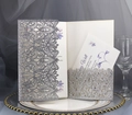 Elegant laser cut silver glitter wedding invitation set with floral hollow lace details - Silver