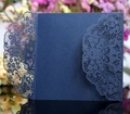 Elegant navy blue laser-cut lace wedding invitation cover in shimmering pearl paper - Dark Blue