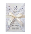 Elegant laser cut wedding invitation with white lace sleeve and champagne silk bow - White