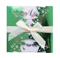 Laser cut green Merry Christmas card with metallic finish, silk bow and floral insert - Reflective Green