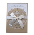 Elegant laser cut lace wedding invitation with bird pattern and cream satin ribbon bow - Beige Gold