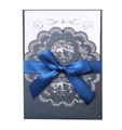 Detail of laser-cut lace wedding invitation with grey pearl paper and blue ribbon - Charcoal Black