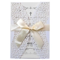Faire-part de mariage blanc découpé au laser avec motif floral et ruban beige élégant - Article unique / Blanc