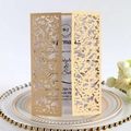 Elegant gold laser-cut floral wedding invitation with white inner card and M+J monogram - Beige Gold