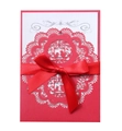 Detail of red laser-cut lace wedding invitation with birds and white inner card - Red