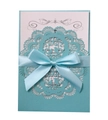 Elegant laser-cut lace wedding invitation with light blue pearl paper and satin bow - Tiffany Blue