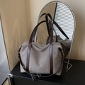 Grande borsa tote in tela grigia con manici in pelle marrone e tracolla regolabile - Grigio