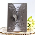 Elegant laser cut dark grey lace wedding invitation with a 3D butterfly design - Silver Charcoal