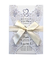 Macro detail of laser-cut lace texture and satin bow on white wedding invitation card - White