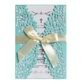 Elegant mint green laser cut wedding invitation with beige ribbon bow and white insert card - Tiffany Blue