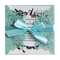 Invitation de mariage découpée au laser bleu sarcelle avec dentelle et ruban de soie - Bleu Tiffany