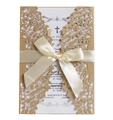 Laser cut hollow wedding invitation with teal leaf patterns and a silk bow decoration - Champagne Gold