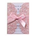 Pink laser-cut wedding invitation set with silk ribbon and elegant printed insert - Pink