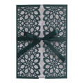 Detail of laser-cut floral wedding invitation with dark green cover and silk ribbon bow - Dark Green