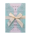 Detail of laser-cut wedding invitation featuring blue hollow sleeve and satin ribbon bow - Tiffany Blue