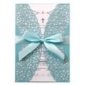 Élégant faire-part de mariage bleu découpé au laser avec motif floral et ruban - Article unique / Bleu Tiffany