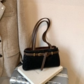 Vintage black suede hobo bag with brown leather strap and decorative buckle - Black without Pendant
