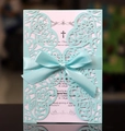 Elegante hellblaue Laser-Einladungskarte mit Satinschleife und bedruckter Innenkarte - Tiffany-Blau