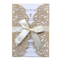 Laser cut white wedding invitation with golden butterfly cover and elegant cream ribbon bow - Champagne Gold