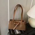 Brown faux suede shoulder bag with gold buckle detail and long double straps - Brown No Pendant