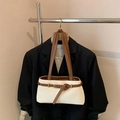 Retro cream faux leather shoulder bag with brown decorative belt and gold buckle details - Rice White (No Pendant)