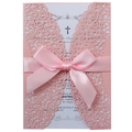 Invitation de mariage découpée au laser rose avec motif floral et ruban en satin - Article unique / Rose