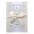 Laser-cut pearl white wedding invitation with hollow floral patterns and ribbon - Single Item / Pearl White