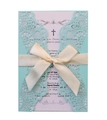 Elegante lasergeschnittene Hochzeitseinladungen in Minzgrün mit edler Satinschleife - Tiffany-Blau