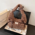 Dark brown plush shoulder bag with bow details in a premium gift box packaging - Brown