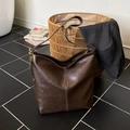 Deep brown oil-wax leather tote bag with contrast stitching and adjustable strap - Brown