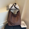 Brown vintage suede bucket bag with adjustable leather strap and large capacity - Coffee