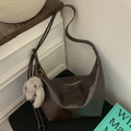 Dark brown glossy leather hobo shoulder bag with a cute plush bunny charm pendant - Coffee with Pendant