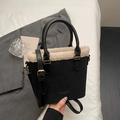 Vintage black suede handbag with beige faux fur trim and adjustable gold-buckle shoulder strap - Black without Pendant