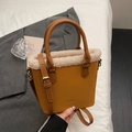 Vintage ginger brown bucket bag with plush faux fur trim and adjustable strap - Brown No Pendant