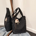 Black quilted tote bag with a plush lamb pendant and wide shoulder strap - Black with Pendant