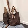 Dark brown quilted tote bag with wide webbing handles and cute animal pendant charm - Coffee with Pendant