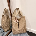 Quilted khaki tote bag with padded diamond stitching and cute plush mascot charm - Khaki with Pendant