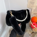 Furry black faux fur handbag with elegant pearl chain and thick plush handle strap - Black