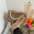 Brown fluffy plush handbag for women with elegant pearl handle and warm furry texture - Khaki