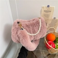 Chic pink faux fur square crossbody bag with decorative pearl chain and soft strap - Pink
