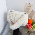 Chic white faux fur square handbag with luxury pearl handle and gold hardware detail - White