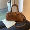 Minimalist dark brown leather crossbody bag with vintage oil wax texture and gold hardware - Brown