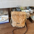 Plush deer pattern crossbody bucket bag with drawstring closure and woven strap - Brown No Pendant