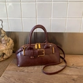 Minimalist burgundy faux leather handbag with retro buckle and gold hardware - Burgundy